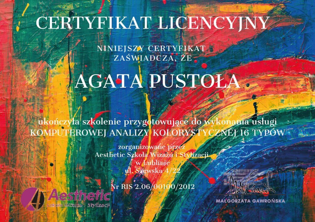 Certyfikat komputerowa analiza kolorystyczna Agata Pustola